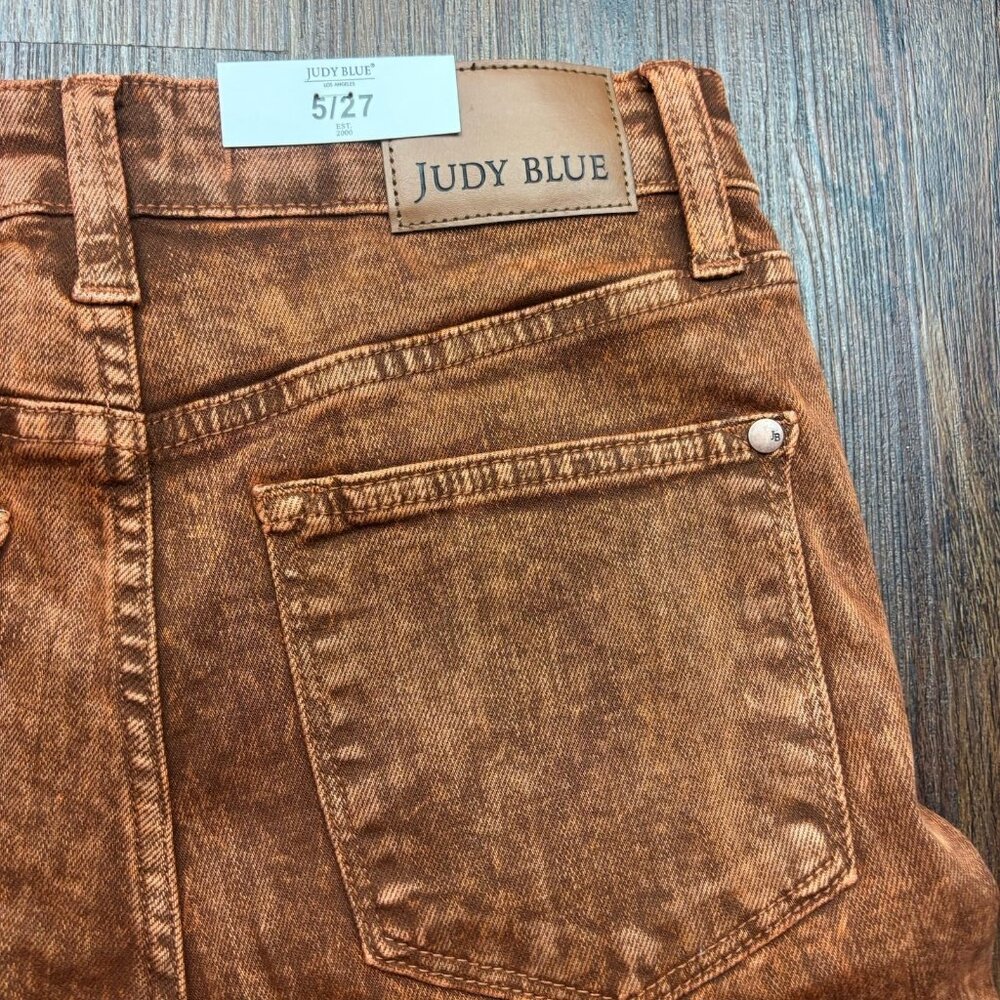 NWT Judy Blue Retro Wide Leg Jeans Garment Dyed Pumpkin Spice Raw Hem Size 5/27 - Picture 9 of 14